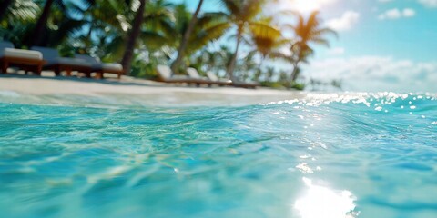 Fototapeta premium Tropical beach scene with clear blue water and vibrant palm trees. Perfect vacation getaway.