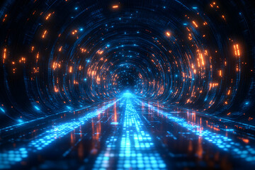 Abstract Digital Tunnel, Glowing Pathways of Blue and Orange Light in a Futuristic Cyberspace