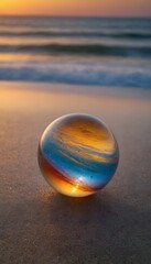 Glass Marble on Wet Sand at Sunset