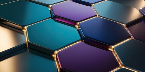 Prismatic Hexagons Interlocked Metallic Shapes in Glossy Teal, Purple, and Midnight Blue Gradients