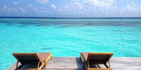 Fototapeta premium Two wooden lounge chairs by a tranquil turquoise ocean under a bright blue sky.