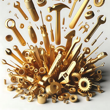 Werkzeuge golden verschieden wie Explosion oder magnetisch angezogen, Handwerk Liebe zum handwerken, Vorlage zur Gestaltung mit Hintergrund in wei&szlig; Baumarkt Werkstatt Reparatur Garage Auszeichnung