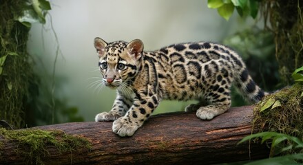 Obraz premium Young clouded leopard in lush jungle environment, exploring nature