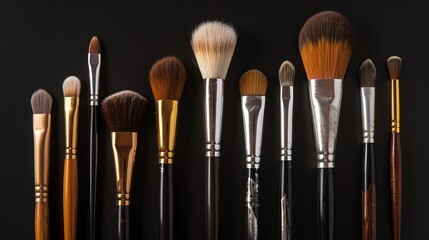 Fototapeta premium A row of makeup brushes on a black background.