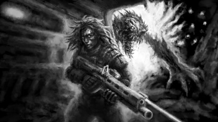 Woman soldier with assault rifle against alien mutant. Evil monster attacks. Horror fiction genre. Female heroic character. Gloomy characters from nightmares. Coal and noise. Black and white art.