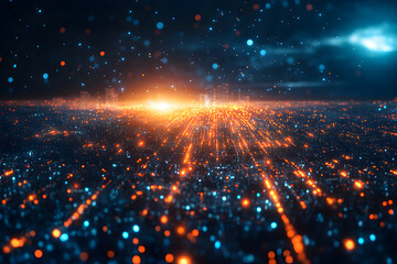 Abstract Digital Cityscape, Illuminated Pathways of Data Converge Towards a Bright Horizon, Representing Technological Advancement and Future Innovation.