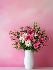 Fototapeta premium Pink Flowers in White Vase - Delicate pink and white flowers, spring blooms, elegant vase, soft pink background, beauty in nature.