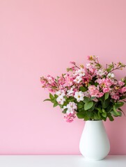 Naklejka premium Pink Flowers in White Vase - Delicate pink blossoms, spring beauty, floral arrangement, vase, pink background. Symbolizing: romance, serenity, freshness, new beginnings, elegance.