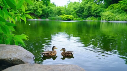 Serene Ducks Swimming in Tranquil Pond Surrounded by Lush Greenery and Vibrant Nature, Capturing the Essence of Peaceful Wildlife Habitat