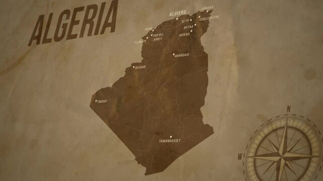 Vintage Map of ALGERIA with states Borders and Major Cities Positions