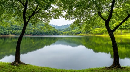 Obraz premium Tranquil Lake Surrounded by Lush Green Trees and Hills Reflecting in Still Water on a Serene Day in Nature