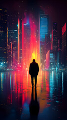 Cyberpunk Cityscape, Silhouette of a Person Contemplating Neon-Lit Towers Reflecting in Wet Streets
