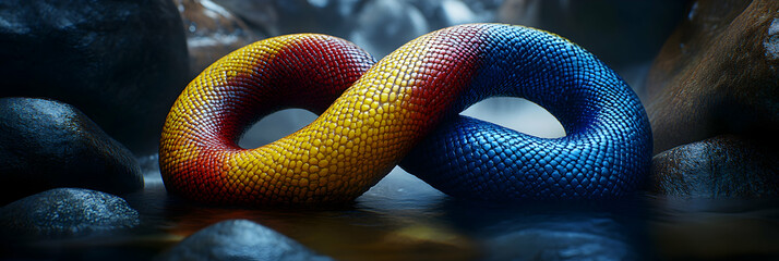 Fototapeta premium Colorful Snake Forming Infinity Symbol in Dark, Abstract Background