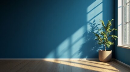 Fototapeta premium A front view of a simple blue wall in a boy's room, showcasing a minimalist design with soft, calming tones, perfect for creating a peaceful, modern atmosphere in children's bedroom decor.