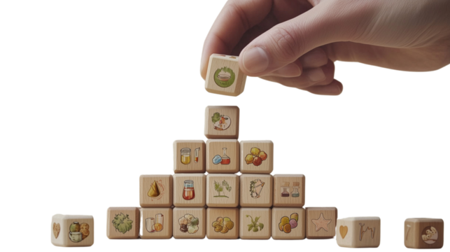 A hand is placing health and medical icon wooden blocks in the shape of an open pyramid, on a transparent backgrounds