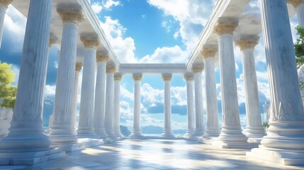 Fototapeta premium A large, empty space with white pillars and a clear blue sky