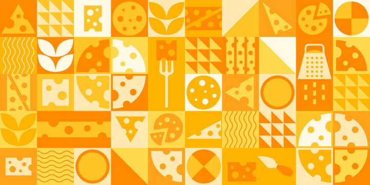 Abstract geometric cheese pattern. Simple food background. Flat style milk product. Vector illustration for package, cover, textile design, banner and kitchen print.