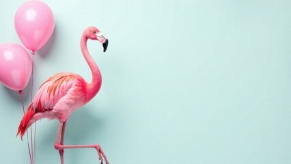Fototapeta premium pink flamingo with balloons on blue background, birthday greeting concept, space for text, card layout