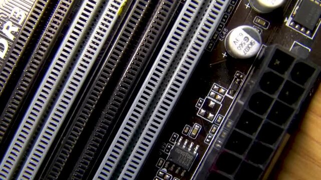 Memory slots and motherboard contacts close-up