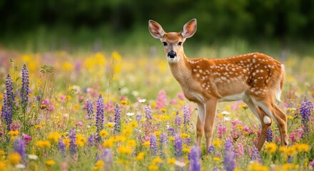 Fototapeta premium Young deer in vibrant wildflower meadow during springtime