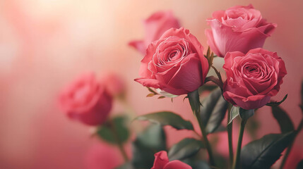 Obraz premium Roses are bright pink on a background of pale pink, creating a soft, romantic effect. Tenderness, romance, the beauty of nature.