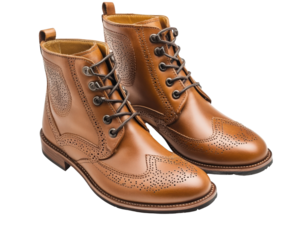 Stylish brown leather boots with intricate perforations and laces, perfect for formal or casual wear. These versatile shoes add touch of elegance to any outfit