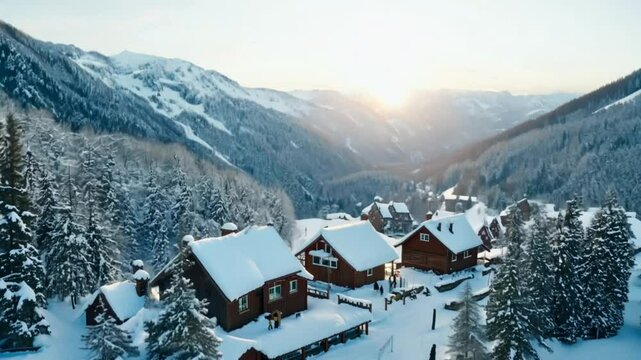 A picturesque snowy landscape featuring a cozy lodge surrounded by tall pine trees.