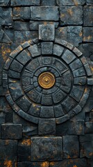 Obraz premium A circular stone design embedded in a textured wall, suggesting ancient architecture.