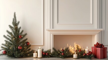 Christmas fireplace scene with tree, candles, and gifts.