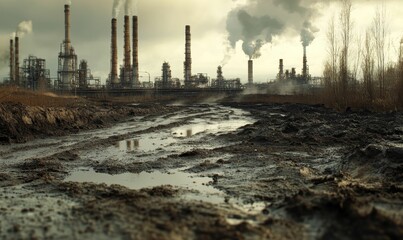 Obraz premium Muddy landscape; industrial plant; smoke; pollution.