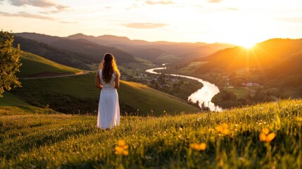 Fototapeta premium Serene Sunset Vista - Woman, sunset, mountains, river, peace, tranquility. A feeling of serenity and hope.