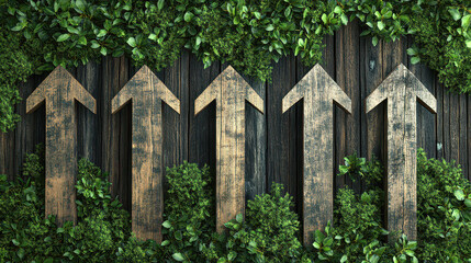 Naklejka premium A row of wooden arrows pointing upwards, with green leaves surrounding them