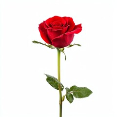 A vibrant red rose stands elegantly against a white background, showcasing its petals and green leaves, symbolizing love and beauty.