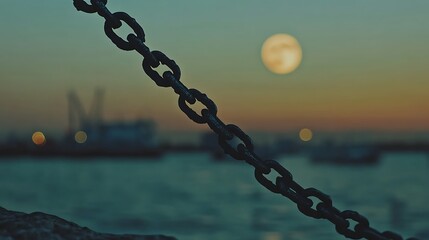 Metal chain at sunset with a full moon and blurred harbor background.
