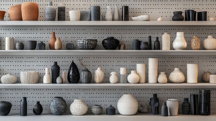 Modern retail store, displaying light grey hanging shelves, displaying black and white home decor products, including black and white vases and small decorative items, neatly arranged