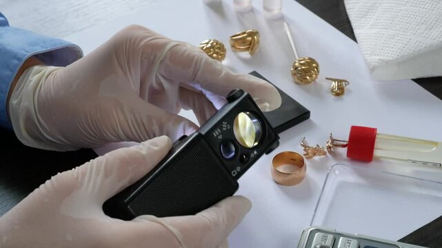 A pawn shop employee tests old gold jewelry using reagents and a touchstone, Buying old gold