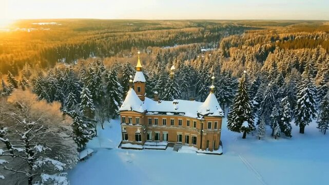 A picturesque winter landscape featuring a snow-covered historic building at sunset.