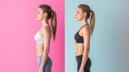 Slim fitness transformation depicted with a side-by-side before-and-after comparison of a sporty woman's progress