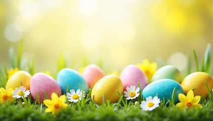 Fototapeta premium Easter eggs, colorful spring flowers, green grass, daffodils, primroses, daisies