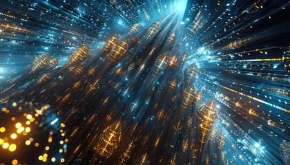 Fototapeta premium Abstract Digital Light Streams Converge Gold Blue