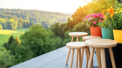 Traditional Vintage Coffee Cafe Concept, Bright and Cheerful Outdoor Seating with Flower Pots Overlooking a Scenic Green Landscape at Sunset