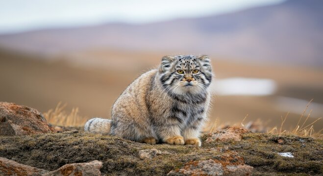 Majestic pallas's cat in natural habitat on a rocky terrain