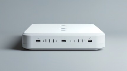A wireless smart home hub on a solid gray background.