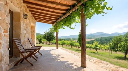 A serene vineyard view with rustic chairs on a sunny porch, surrounded by rolling hills and lush greenery.