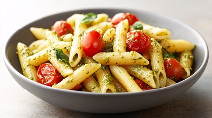 Penne pasta in vibrant pesto sauce with cherry tomatoes, elegantly served in a light grey bowl, set on a warm wooden table.