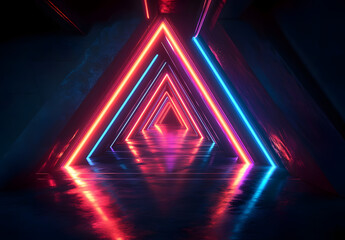 Fototapeta premium A series of glowing neon triangles create a futuristic tunnel.