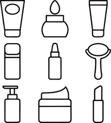 Beauty product icons cream, lotion, serum, lipstick, and more