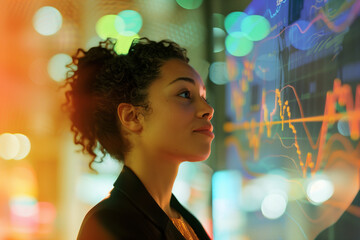 Side profile of a female stock broker analysing financial trading graphs. Businesswoman examining global economy. Successful woman. International women's day
