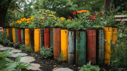 A row of colorful flower pots made from old cans