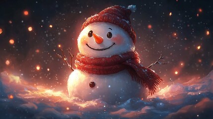 Obraz premium A cute, smiling snowman with a scarf, capturing the essence of a winter fairytale, perfect for a Merry Christmas and Happy New Year greeting card.